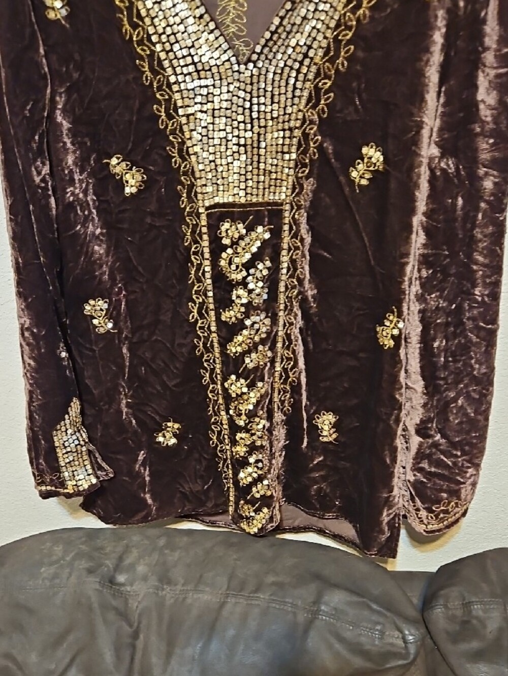 Saint Tropez West Brown Velvet Tunic with Gold Embellishment - Picture 3 of 8